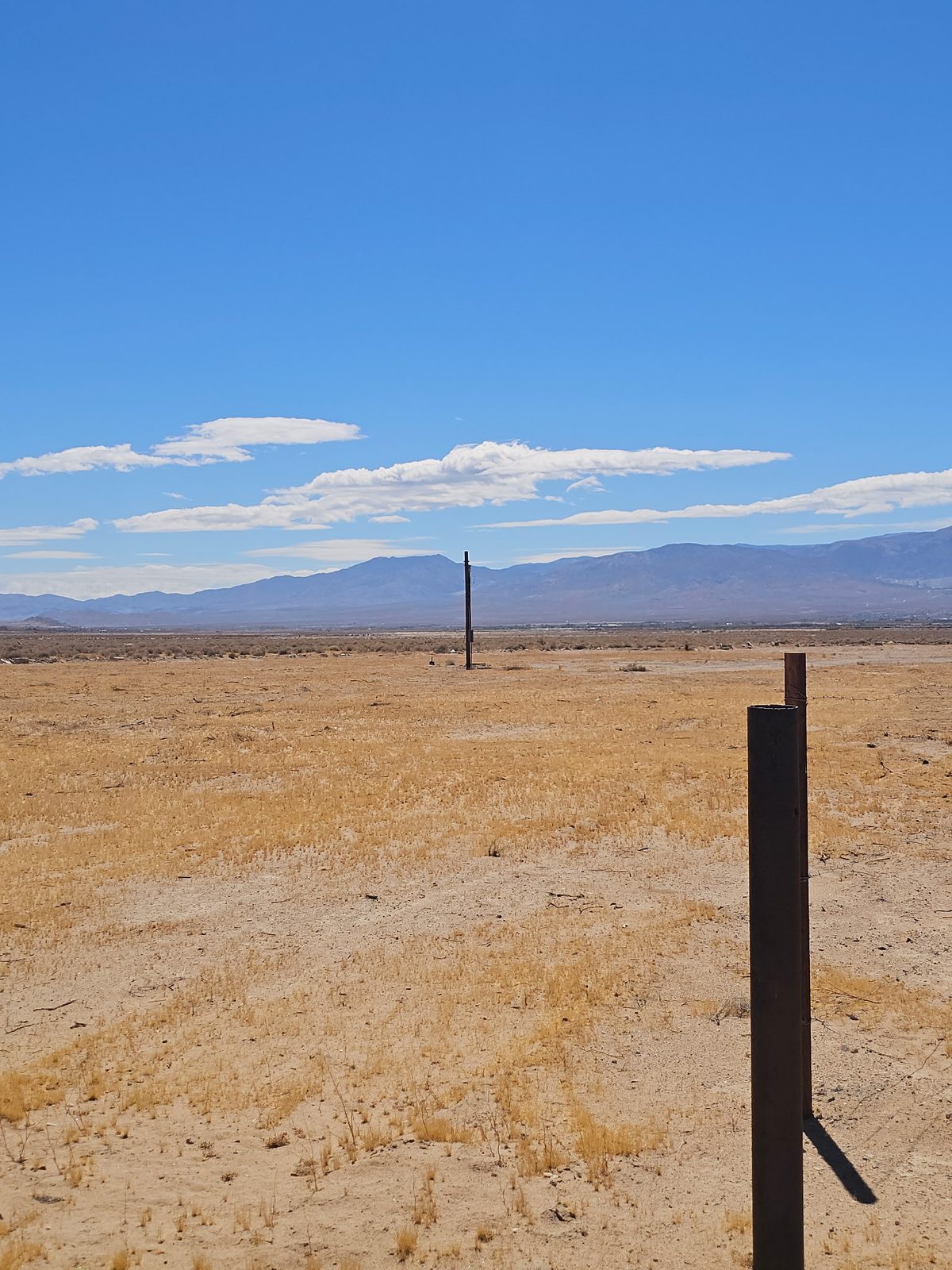 Open level ground with a utility pole and mountains on the horizon